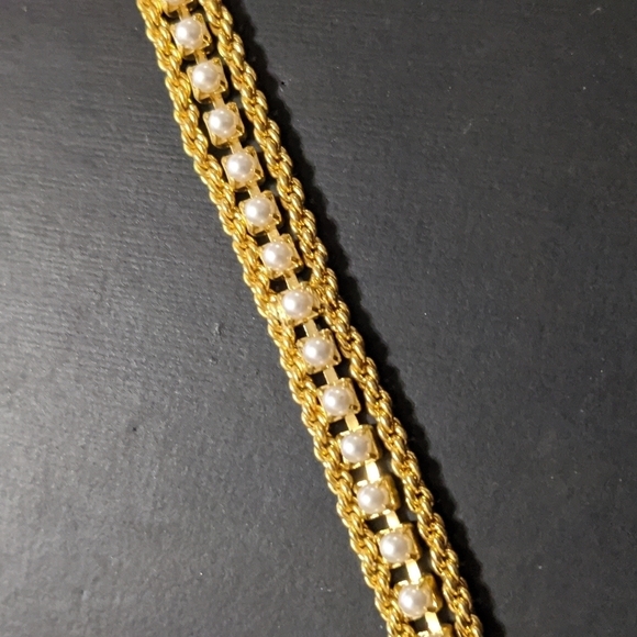 Gold Tone White Faux Pearl Statement Bracelet - Picture 2 of 4